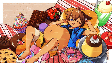 5_fingers anthro belly belt cake candy cherry chocolate chocolate_bar cookie cupcake dessert detailed_background doughnut eyebrow_through_hair eyebrows fingers food fruit hair male navel one_eye_closed overweight pancake pastry plant shoeless short solo strawberry translucent translucent_hair unbuttoned unbuttoned_shorts okaminiboshi yuki_inubo canid canine canis domestic_dog mammal
