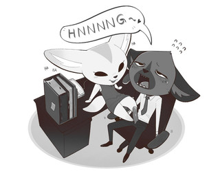 3_toes anthro anthro_on_anthro bottomwear chair chibi clothed clothed_sex clothing collared_shirt computer desk dress_shirt duo electronics erection exclamation_point feet female foot_fetish foot_play footjob furniture genitals high-angle_view interspecies looking_pleasured male male/female moan necktie office_chair on_desk open_bottomwear open_clothing open_mouth open_pants pants partially_clothed penile penis penis_poking_out sex shirt sitting table toes topwear junyois aggretsuko sanrio fenneko haida_(aggretsuko) canid canine fennec_fox fox hyena mammal spotted_hyena true_fox 2021 greyscale monochrome