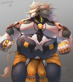 anthro belly big_muscles bodily_fluids claws fist hair machine male mane musclegut muscular muscular_anthro muscular_male overweight overweight_anthro overweight_male pecs question_mark solo sweat sweatdrop sweater_around_waist teeth thick_thighs white_hair 2yakitori2 banyue_(zenless_zone_zero) felid lion mammal pantherine robot hi_res