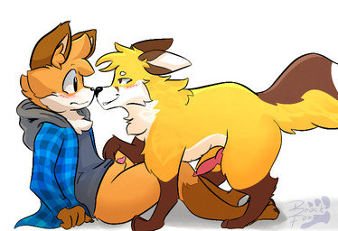 animal_genitalia animal_penis anthro bestiality blue_clothing blue_jacket blue_outerwear blue_topwear blush bottomless bottomless_anthro bottomless_male canine_genitalia canine_penis clothed clothing duo erection feral fur genitals hoodie jacket knot leg_markings male male/male markings orange_body orange_fur penis penis_tip sheath socks_(marking) topwear yellow_body yellow_fur brock_fox brock_(brock_fox) ikuo canid canine fox mammal