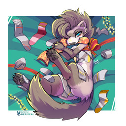 anthro bedding bedding_background black_pawpads blue_eyes blush bow_ribbon brown_body brown_fur brown_hair brown_nose christmas_decorations christmas_lights clothing female footwear fur gloves_(marking) hair leg_markings markings nude nude_female pawpads socks socks_(marking) solo kiaun derideal mix_(derideal) domestic_ferret mammal mustelid musteline true_musteline weasel hi_res