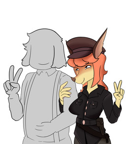 alternate_universe anthro arm_holding clothing duo female gesture hand_gesture male male/female smile suggestive_look suspenders uniform v_sign unknown_artist cyberconnect2 fuga:_melodies_of_steel little_tail_bronx flam_kish canid canine caninu canis dobermann domestic_dog humanoid mammal pinscher absurd_res character_request hi_res
