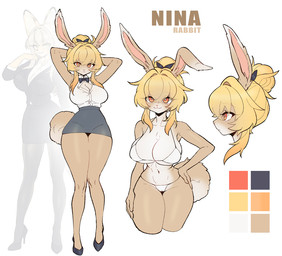 accessory animal_ears anthro biped blonde_hair bottomwear bow_tie breasts clothed clothing eyelashes female footwear fur hair hair_accessory hand_on_hip high_heels looking_at_viewer miniskirt multicolored_body pupils shoes skirt smile solo swimwear tan_body text thick_thighs topwear wide_hips strongbana lagomorph leporid mammal rabbit hi_res model_sheet