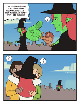 5_fingers ambiguous_gender anthro black_clothing black_hat black_headwear bodily_fluids brown_body brown_eyes brown_hair clothed clothed_female clothed_human clothing cloud cloudy_sky cross-popping_vein crowd dark_body dark_skin day dialogue facial_hair female fingers flexing flexing_bicep front_view furrowed_eyebrows gesture green_body green_clothing green_skin group hair hand_gesture hat headgear headwear hug hugging_another humanoid_pointy_ears light_body light_skin looking_aside looking_at_another looking_at_self mouth_closed muscular muscular_anthro mustache nails nervous nervous_sweat open_mouth outside pointing pointing_at_another pointing_at_self pointy_ears question_mark raised_arm rear_view red_hair scared side_view silhouette sky small_comic speech_bubble sweat sweaty_face text thin_eyebrows tongue_showing white_clothing white_sclera wide_eyed witch_hat yelling yellow_clothing bonnymama7 elphaba_(bonnymama7) human humanoid mammal 2025 absurd_res comic digital_drawing_(artwork) digital_media_(artwork) end_page english_text flat_colors hi_res
