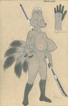 anthro big_breasts black_body black_fur breasts eyes_closed female fur genitals grey_body grey_fur holding_object holding_weapon leg_markings markings pussy simple_background socks_(marking) solo standing weapon lobar mihoshi_(lobar) canid canine fox mammal colored_pencil_(artwork) colored_sketch graphite_(artwork) hi_res sketch traditional_media_(artwork)