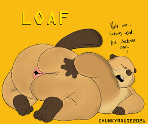 3_toes 4_fingers all_fours anthro anus big_butt biped brown_body butt dialogue eyes_closed feet fingers male open_mouth overweight overweight_male simple_background solo text toes yellow_background chonkymouse hoppers_(disney) loaf_(hoppers) beaver mammal rodent 2026 absurd_res english_text hi_res