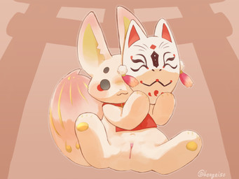 animal_mask anthro bib biped chibi clitoral_hood clitoris closed_smile clothing empty_eyes eyeliner feet female floating fox_mask fur genitals hindpaw light_blush looking_at_viewer low-angle_view makeup markings mask mouth_closed navel one_eye_obstructed paws red_background red_clothing red_eyeliner simple_background smile solo tail tail_markings text torii vulva white_body white_fur beageiso yu-gi-oh! ukanomitsune-no-tamayura canid canine fox mammal 2025 4:3 absurd_res artist_name digital_drawing_(artwork) digital_media_(artwork) hi_res shaded soft_shading