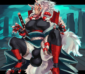 5_fingers animal_mask anthro armor balls_outline beaded_bracelet beaded_jewelry beaded_necklace beads belt big_breasts big_bulge big_tail biped black_clothing black_coat black_fingerless_gloves black_gloves black_handwear black_legwear black_thigh_highs black_topwear black_underwear blue_claws bracelet braided_hair braided_pigtails breasts bulge cheek_tuft claws clothed clothing coat crouching detailed_background detailed_bulge dewclaw digitigrade ear_piercing ear_ring facial_tuft finger_claws fingerless_gloves fingerpads fingers fluffy fluffy_tail fox_mask front_view fully_clothed fur genital_outline gloves gynomorph gynomorph_anthro hair handwear huge_breasts huge_bulge humanoid_hands intersex intersex_anthro jewelry katana legwear long_tongue looking_at_viewer magatama mane mask melee_weapon monotone_body monotone_fur monotone_tail neck_tuft necklace open_clothing open_coat open_topwear outside pawpads piercing pigtails pink_inner_ear pink_pawpads pink_tongue pose red_armor red_eyes ring_piercing rope rope_belt samurai shin_guards shoulder_guards sky solo sword tail teal_claws thick_thighs thigh_highs toe_claws toeless_legwear tongue tongue_out topwear tuft underwear warrior weapon white_body white_ears white_fur white_tail zerolativity asian_mythology east_asian_mythology japanese_mythology mythology canid canine fox fox_spirit mammal yokai 2025 absurd_res alternate_version_at_source colored digital_media_(artwork) full-length_portrait hi_res portrait shaded