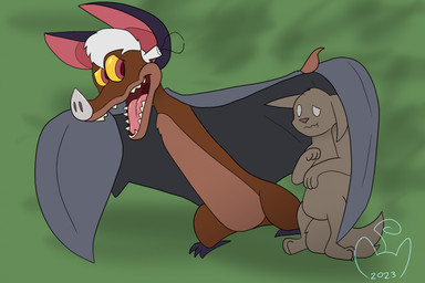 3_toes antenna_wire anthro belly big_tail biped bipedal_feral brown_body brown_fur duo ears_outwards fangs feet feral fluffy fluffy_tail forest forest_background fur glance grey_ears grey_feet grey_wings hair helping leaf_nose logo looking_at_another male membrane_(anatomy) membranous_wings micro multicolored_body multicolored_fur navel no_pupils open_mouth outside paws pink_inner_ear pivoted_ears plant pointy_ears red_eyes sharp_teeth shrunken smile smiling_at_another snout standing tail tan_belly tan_body tan_fur teeth toes tree two_tone_body two_tone_fur white_eyes white_hair wide_eyed wing_around_another wings wire yellow_sclera plasmameat ferngully batty_koda bat mammal megabat unknown_species 2023 artist_logo colored dated digital_drawing_(artwork) digital_media_(artwork) flat_colors hi_res