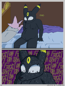 after_sex anthro anthrofied belly black_body black_fur black_nose blush bodily_fluids breasts cum cum_inflation cum_inside duo female fur genital_fluids genitals impregnation_risk inflation male male/female nipples nude onomatopoeia pink_body pink_fur pokemorph pregnancy_risk scared simple_background sound_effects text vulva flamberry_(artist) nintendo pokemon estung_venizee_neon_(flamberry) unomia_venizee_flare_(flamberry) canid canine eeveelution espeon generation_2_pokemon mammal pokemon_(species) umbreon absurd_res comic digital_drawing_(artwork) digital_media_(artwork) english_text hi_res ibispaint_(artwork) cousins_(lore) incest_(lore)