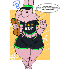 4_arms anthro bottomwear bulge bulge_through_clothing clothing confusion detailed_bulge food fur holding_food holding_object hotpants male moth_antennae multi_arm multi_limb neck_tuft pink_body pink_fur question_mark sandwich_(food) shorts solo speech_bubble tuft pavek494816 subway_(restaurant) fedel_(pavek494816) arthropod insect lepidopteran moth absurd_res hi_res