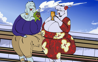 accessory ambiguous_gender anthro bench big_breasts big_butt breasts brown_hair butt carrying_another cellphone choker cleavage clothed clothing cloud deep_cleavage dress electronics eyes_closed eyewear fangs female floppy_ears floral_pattern flower flower_in_hair fur glasses green_onesie group hair hair_accessory hair_over_eyes hand_on_knee hand_on_leg hand_on_own_knee hand_on_own_leg hibiscus holding_cellphone holding_object holding_phone holding_smartphone horn huge_breasts huge_butt jewelry khaki_pants necklace neonate object_in_mouth off_shoulder on_bench on_shoulder onesie outside pacifier pacifier_in_mouth phone plant purple_clothing purple_topwear red_clothing red_dress sitting sitting_on_bench sky sleeping smartphone sound_effects square_crossover taking_picture teeth thick_thighs topwear trio vowelless vowelless_sound_effect white_body white_fur white_hair young zzz mooncheese deltarune undertale_(series) kris_dreemurr toriel boss_monster_(undertale) bovid caprine goat human mammal 2025 hi_res aunt_(lore) mother_(lore) mother_and_child_(lore) parent_(lore) parent_and_child_(lore)