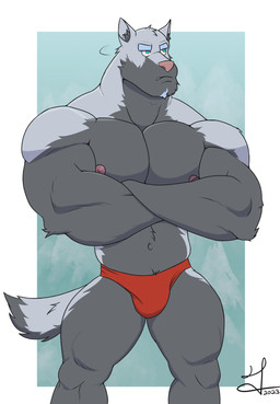 annoyed anthro areola big_muscles biped blue_eyes bulge clothed clothing crossed_arms front_view frown fur grey_body grey_fur inner_ear_fluff looking_aside male muscular muscular_anthro muscular_arms muscular_legs muscular_male navel nipples overly_muscular pecs pouting solo speedo speedo_only standing swimwear tail topless tuft isaac_andel canid canine canis mammal wolf 2023 absurd_res colored hi_res portrait signature three-quarter_portrait