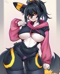 anthro big_breasts black_body black_fur black_hair breasts butt butt_from_the_front clothed clothing cropped_hoodie female fur hair hoodie legwear looking_at_viewer panties red_eyes solo tail thick_thighs thigh_highs topwear under_boob underwear white_body white_fur nefitail meme_clothing nintendo paggi_outfit pokemon brianne_maxwell eeveelution generation_2_pokemon pokemon_(species) umbreon hi_res meme