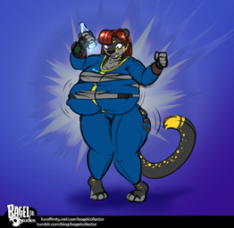 anthro areola big_breasts biped bodysuit bottle breast_expansion breasts clothing container expansion female huge_breasts hyper hyper_breasts looking_down nipples simple_background skinsuit slightly_chubby solo standing thick_thighs tight_clothing vault_suit wide_hips bagelcollector fallout microsoft felid mammal hi_res
