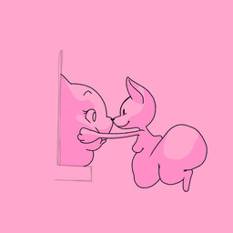anthro belly belly_overhang big_belly big_butt butt double_chin duo female hand_on_cheek huge_butt macro male moobs morbidly_obese nose_to_nose obese overweight pink_background simple_background smile standing through_window window kasa_beanie domestic_cat felid feline felis mammal 1:1 2023