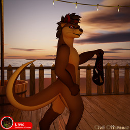 anthro beach big_tail black_sclera brown_hair clothing cloud countershade_fur countershading deck_(structure) fence fur gradient_fur hair holding_clothing holding_object holding_speedo holding_swimwear horn looking_at_viewer male natural_colors nude otter_tail railing red_eyes red_hair side_view slightly_open_mouth slim solo speedo standing string_lights sunset swimwear tail tasteful_nudity teasing_look text water civilotterneer galileogb_(modeler) livic_(civilotterneer) demon lontra mammal mustelid north_american_river_otter otter river_otter 1:1 character_name hi_res signature half_brother_(lore)