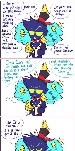 4_eyes >:| aged_down anthro beak black_body black_feathers blue_body blue_clothing blue_feathers blue_shirt blue_topwear bodily_fluids border chest_tuft choker clothing clown_costume covering covering_another's_eyes covering_eyes covering_face crown crying dialogue eating empty_eyes feather_hair feathers feral fluffy fluffy_chest forehead_tattoo green_clothing green_eyes green_onesie green_sclera group hat headgear headwear heart_choker heart_symbol holding_animal horn jewelry male multi_eye napkin necklace nom offscreen_violence onesie owo pseudo_hair purple_clothing purple_shirt purple_topwear red_body red_eyes red_skin shirt simple_background small_hands striped_horn stripes sweat tears text top_hat topwear traumatized tuft white_background white_border young young_anthro young_feral young_humanoid norithelord hellaverse helluva_boss asmodeus_(helluva_boss) blitzo_(helluva_boss) fizzarolli_(helluva_boss) stolas_(helluva_boss) avian avian_demon bird chicken demon galliform humanoid imp owl owl_demon phasianid 2023 absurd_res artist_name comic english_text hi_res long_image tall_image watermark