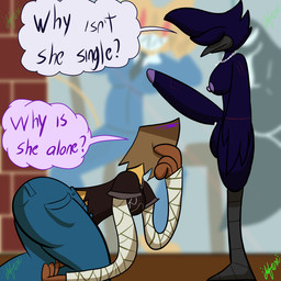ambiguous_gender anthro bandage being_watched big_butt big_penis bottomwear breasts butt clothing denim denim_bottomwear denim_clothing dialogue duo female genitals intersex jeans long_arms looking_at_another nude pants paper_bag penis piercing purple_body small_breasts speech_bubble stare text chefrens rayfu_(chefrens) senia_(chefrens) sethra_(chefrens) yoka_(chefrens) animal_humanoid avian bird corvid corvus_(genus) crow domestic_cat felid feline felis ghost humanoid mammal oscine passerine raven reptile reptile_humanoid scalie scalie_humanoid snake snake_humanoid spirit 1:1 english_text hi_res