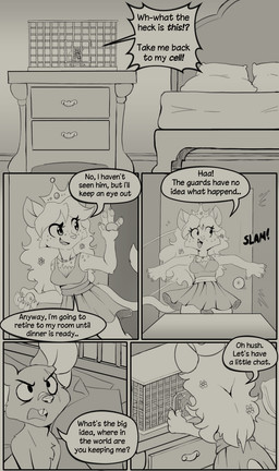 accessory angry anthro bedroom breasts cage caged claws clothed clothing crown dialogue dominant dominant_female dress extreme_size_difference eyelashes female finger_claws flower flower_in_hair freckled_chest freckled_face freckled_shoulders freckles hair hair_accessory headgear jewelry long_eyelashes long_hair looking_down male male/female micro motion_lines mouse_tail necklace pawpads paws plant prisoner sharp_teeth size_difference small_breasts smile teeth toe_claws tuft muhny princess_nino_(muhny) domestic_cat felid feline felis mammal mouse murid murine rodent comic hi_res