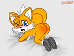 2_tails anthro bed bed_sheet bedding blue_eyes blush bodily_fluids butt butt_slap clothing crying footwear fur furniture gloves handwear male multi_tail red_clothing red_footwear red_shoes shoes slap solo spank_marks spanking tail tears white_body white_fur yellow_body yellow_fur davidkyatt sega sonic_the_hedgehog_(series) miles_prower canid canine fox mammal 4:3