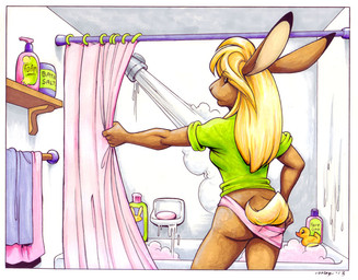 anthro bathroom bathtub blonde_hair brown_body brown_eyes brown_fur butt clothed clothing dipstick_ears ear_markings female fur hair inside long_hair markings multicolored_ears rear_view rubber_duck scut_tail short_tail shower shower_head soap solo tail towel undressing megan_giles candi_(megan_giles) hare lagomorph leporid mammal 2013