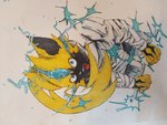 anthro blue_pupils electric electricity electricity_manipulation elemental_manipulation feral looking_at_viewer male pupils simple_background solo tattoo tongue tongue_out toastedeh jujutsu_kaisen nintendo pokemon felid feline generation_7_pokemon legendary_pokemon mammal pokemon_(species) zeraora 4:3 absurd_res hi_res traditional_media_(artwork)