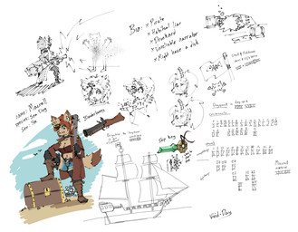 baseball_bat bat_(object) blue_eyes blunderbuss boots bottomwear choker clothing coat crop_top denim denim_bottomwear denim_clothing denim_shorts ear_piercing fingerless_gloves footwear fur gloves handwear jewelry language legwear macrell_(vivid-day) multicolored_body multicolored_fur necklace piercing pirate pirate_costume ship shirt shoes shooting_gun shorts thigh_highs topwear treasure_chest two_tone_body two_tone_fur vehicle watercraft vivid-day_(artist) canid canine mammal flat_colors hi_res model_sheet sketch trans_(lore) trans_woman_(lore)