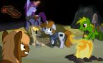 blonde_hair brown_hair campfire chain clothing female fire green_eyes group gun hair horn male night purple_hair ranged_weapon red_eyes scared shirt shovel slave tools topwear weapon yellow_eyes ponyecho fallout_equestria hasbro my_little_pony mythology fan_character littlepip equid equine mammal mythological_creature mythological_equine unicorn 16:10 hi_res widescreen