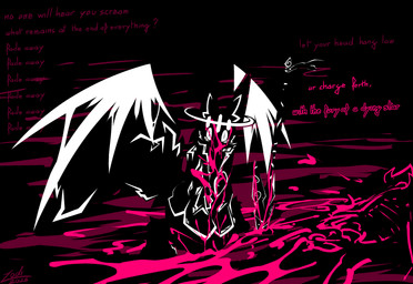 4_colors ambiguous_gender anthro big_tail blood blood_on_arm blood_on_clothing blood_on_coat blood_on_face blood_on_ground blood_on_leg blood_splatter bodily_fluids bottomless clothed clothing coat corpse crazed_look eating_flesh fluffy fluffy_tail gore hair halo inner_ear_fluff long_ears long_hair looking_at_viewer markings melee_weapon polearm pupils rib_cage slit_pupils solo spear tail text topwear tuft weapon wings conditional_dnp lodi_(artist) lodi_(character) demon absurd_res english_text hi_res restricted_palette