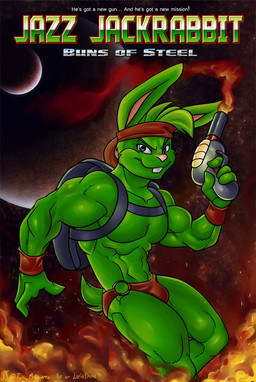 abs accessory anthro backpack blaster blue_eyes buckteeth bulge clothed clothing front_view green_body green_hair gun hair headband holding_gun holding_object holding_ranged_weapon holding_weapon looking_at_viewer male muscular muscular_anthro muscular_male pecs pink_nose poster poster_template ranged_weapon smile solo space teeth topless underwear weapon naughtyjester epic_games jazz_jackrabbit_(series) jazz_jackrabbit hare lagomorph leporid mammal 2010 portrait three-quarter_portrait