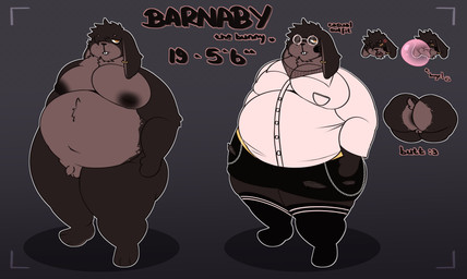 angry anthro balls bandage bandage_on_face belly big_belly big_butt blowing_bubble_gum bottomwear brown_body brown_fur bubble_gum buckteeth butt chain clothing cross-popping_vein ear_piercing eyewear fishnet_clothing fishnet_topwear floppy_ears fur genitals glasses legwear looking_at_viewer lop_ears male moobs orange_eyes overweight overweight_male penis piercing shorts small_balls small_penis solo stockings teeth thick_thighs topwear torn_bottomwear torn_clothing torn_shorts ratprey barnaby_(ratprey) lagomorph leporid mammal rabbit absurd_res hi_res model_sheet
