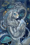 abstract_background ambiguous_gender anthro blue_eyes eyewear fluffy fungus glasses jewelry long_ears long_tail mushroom no_pupils side_view solo tail cadmiumtea ambiguous_species acrylic_painting_(artwork) hi_res painting_(artwork) traditional_media_(artwork)