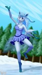 anthro armwear blue_body blue_clothing blue_eyes blue_fur blue_hair breasts claws cleavage clothed clothing cloud dancing dress eyeshadow female flowing_hair forest forest_background frozen fur green_body green_fur hair ice ice_skating legwear lipstick makeup nature nature_background plant skating smile snow solo sparkles sparkling_clothing translucent translucent_clothing tree scoutthecat02 nintendo pokemon eeveelution generation_4_pokemon glaceon pokemon_(species) 4k 9:16 absurd_res hi_res