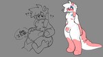 ambiguous_gender anthro blush confusion duo face_in_crotch grey_background heart_(marking) holding_leg holding_thigh horn male male/ambiguous markings mastectomy_scar null null_bulge pink_body plushie question_mark scar simple_background sitting standing text thought_bubble white_body midnite_fsnax rox_(midnite_fsnax) animate_inanimate living_plushie 16:9 english_text hi_res widescreen trans_(lore) trans_man_(lore)