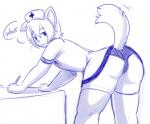 anthro bent_over biped butt clothed clothing crossdressing femboy hair hat headgear headwear legwear looking_at_viewer male motion_lines nurse nurse_clothing nurse_hat nurse_headwear nurse_uniform panties short_hair simple_background solo speech_bubble text thick_thighs thigh_highs underwear uniform whiskers white_background fizzy-dog domestic_cat felid feline felis mammal 2018 blue_and_white digital_drawing_(artwork) digital_media_(artwork) english_text monochrome