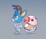 antlers blue_body clothing curved_horn duo footwear freckles grey_background horn jacket male shoes simple_background smile topwear raspbeary animal_crossing nintendo bam_(animal_crossing) dom_(animal_crossing) bovid caprine deer mammal sheep 2020 digital_media_(artwork) hi_res