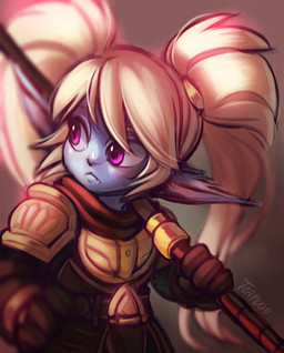 4_fingers armor bangs blonde_hair blue_body blue_skin blurred_background breastplate clothing female fingers gloves hair handwear holding_object holding_weapon humanoid_pointy_ears looking_back one_fang pigtails pointy_ears purple_eyes rosy_cheeks shoulder_guards simple_background solo text weapon weapon_over_shoulder te4moon_(artist) league_of_legends riot_games tencent poppy_(lol) humanoid yordle artist_name colored portrait signature