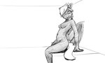 anthro breasts female leaning leaning_backward looking_aside navel nude side_boob side_view simple_background sitting smile solo white_background warskunk_(artist) hasbro my_little_pony bat_pony equid mammal monochrome sketch