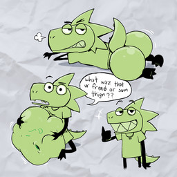 abdominal_bulge anthro belly big_belly big_butt bottomless breath butt clothed clothing fully_clothed gesture hand_gesture hand_on_belly huge_belly lying male motion_lines navel on_front open_mouth sitting smile soft_vore solo standing tail teeth text thumbs_up toothy_grin vore pawplants sticklizard_(pawplants) lizard reptile scalie 1:1 2026 english_text hi_res multiple_images