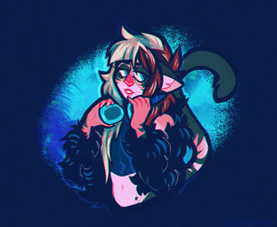 anthro black_body black_fur blonde_highlights blue_background brown_hair clothing crop_coat crop_top femboy fur fur_coat hair half-closed_eyes highlights_(coloring) male narrowed_eyes red_body red_fur shirt simple_background smile solo topwear white_body white_fur fleetwoodbrak styx_(fleetwoodbrak) domestic_cat felid feline felis mammal animated animated_gif short_playtime nonbinary_(lore)
