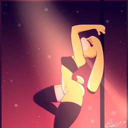 anthro bottomless breasts clothed clothing dancing eyes_closed female legwear multicolored_body pole pole_dancing small_breasts solo tail tail_tuft thick_thighs thigh_highs tuft bunnysinfull naught_joe lagomorph leporid mammal rabbit 1:1 2021