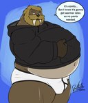 anthro beard belly big_belly black_clothing black_hoodie black_topwear briefs brown_body brown_hair bulge clothed clothing facial_hair hair hoodie hoodie/briefs_meme looking_at_viewer male navel obese obese_anthro obese_male overweight overweight_anthro overweight_male simple_background solo speech_bubble text topwear tusks underwear white_briefs white_clothing white_underwear deadanthro henri_(deadanthro) mammal marine pinniped walrus 2020 english_text