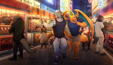 2_horns alley anthro beak beard biceps black_body black_bottomwear black_clothing black_feathers black_footwear black_hair black_jacket black_pants black_sandals black_shirt black_shoes black_sneakers black_tank_top black_topwear blue_clothing blue_shirt blue_topwear bottomwear brown_body brown_clothing brown_footwear brown_shoes brown_skin city cityscape cjk_character claws clothing duo eye_contact eyewear facial_hair feathers finger_claws fire flaming_tail food footwear fur glasses green_body green_fur grey_beak grey_body grey_bottomwear grey_clothing grey_pants grey_scales grey_shorts grill hair hand_holding holding_food holding_object holding_shish_kebab horn jacket kebab khaki_pants larger_anthro larger_male long_sleeve_shirt looking_at_another male membrane_(anatomy) membranous_wings multicolored_body multicolored_fur muscular muscular_anthro muscular_male night orange_body orange_scales outside pants pawpads pecs pinstripe_clothing power_lines sandals scales shirt shish_kebab shoes shorts size_difference smaller_anthro smaller_male streetwear striped_body striped_fur stripes tail tail_feathers tan_clothing tan_topwear tan_vest tank_top techwear text text_on_sign topwear tusks utility_pole vendor_stand vest walking whiskers white_body white_bottomwear white_clothing white_fur white_pants white_shirt white_topwear wings ixkouu nintendo pokemon geo_(gtiger) avian bird canid canine charizard corvid corvus_(genus) crow felid generation_1_pokemon lagomorph leporid lizard mammal marine oscine pantherine passerine pinniped pokemon_(species) rabbit raccoon_dog reptile scalie tiger walrus 2021 english_text hi_res