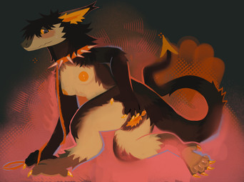 5_toes abstract_background anthro anus barbed_pussy barbed_vulva black_hair black_tail blush breasts brown_body brown_ears brown_fur cheek_tuft claws collar countershading ear_tuft facial_tuft feet female female_anthro fur genitals hair hand_on_butt hand_on_own_butt leash mouth_closed nipples nude nude_anthro nude_female orange_anus orange_claws orange_collar orange_eyes orange_inner_ear orange_leash orange_nipples orange_vulva solo spade_tail spiked_collar spikes tail tan_body tan_countershading tan_fur toe_claws toes tomboy tuft vulva yellow_inner_ear buteoposting mythology dragon furred_dragon furred_scalie mythological_creature mythological_scalie scalie 2026 full-length_portrait hi_res portrait