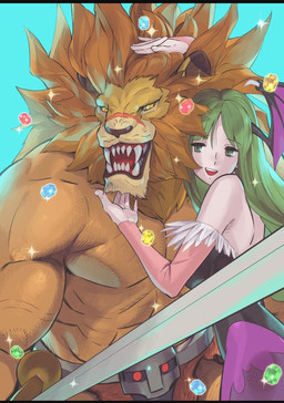 5_fingers anthro armwear bat_wings belt biceps black_clothing black_leotard blue_background bottomwear clothing deltoids duo facial_scar feathers female fingers for_a_head fur gem green_eyes green_hair gums hair hand_on_head hand_under_chin humanoid_hands legwear leotard light loincloth long_hair looking_at_another male mane melee_weapon membrane_(anatomy) membranous_wings muscular muscular_anthro muscular_male pattern_clothing pattern_legwear pecs pink_armwear pink_clothing purple_clothing purple_legwear scar simple_background sword tan_body tan_fur teeth teeth_showing tight_clothing weapon wings yellow_eyes bengus capcom darkstalkers red_earth leo_(red_earth) morrigan_aensland animal_head animal_humanoid demon felid humanoid lion mammal pantherine 2022 colored lighting official_art shaded