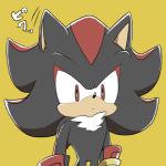 anthro black_body black_fur clothing frown fur gloves handwear male red_body red_eyes red_fur simple_background solo text yellow_background sikai sega sonic_the_hedgehog_(series) shadow_the_hedgehog eulipotyphlan hedgehog mammal 1:1 japanese_text portrait