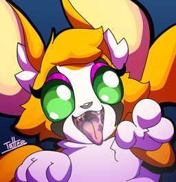 ambiguous_form back_wings big_ears bodily_fluids cheek_tuft close-up countershading ear_tuft eyelashes eyeshadow facial_tuft female fur green_eyes head_tuft looking_at_viewer makeup mouth_focus mouth_shot open_mouth orange_body orange_fur presenting_mouth purple_eyeshadow saliva saliva_string sharp_teeth smile solo teeth tongue tuft uvula white_body white_countershading wings tattersthebat dust:_an_elysian_tail fidget_(elysian_tail) bat mammal nimbat bust_portrait cel_shading hi_res portrait shaded