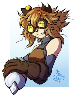 anthro apron clipped_ear clothing ear_piercing ear_ring eyewear female goggles piercing ring_piercing solo kefler gameoverse glitch_productions scratch_(gameoverse) felid feline mammal hi_res