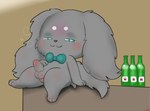 anthro balls blush bow_tie drunk eyes_closed floppy_ears foreskin fur genitals grey_body grey_fur leaning leaning_backward liquor_bottle male male_anthro penis solo substance_intoxication tapering_penis drugolld jewelpet sanrio sega sega_fave kris_(jewelpet) canid canine canis dachshund domestic_dog hunting_dog mammal hi_res